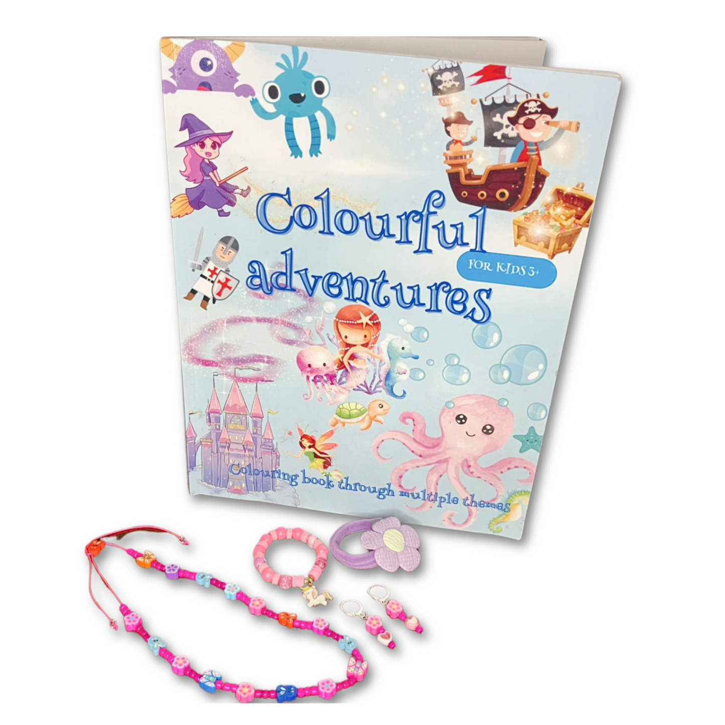 Fantasy Coloring Book, Pirate and Princess Adventures, creative play for children, kids hair accessory, bead necklace matching earrings.