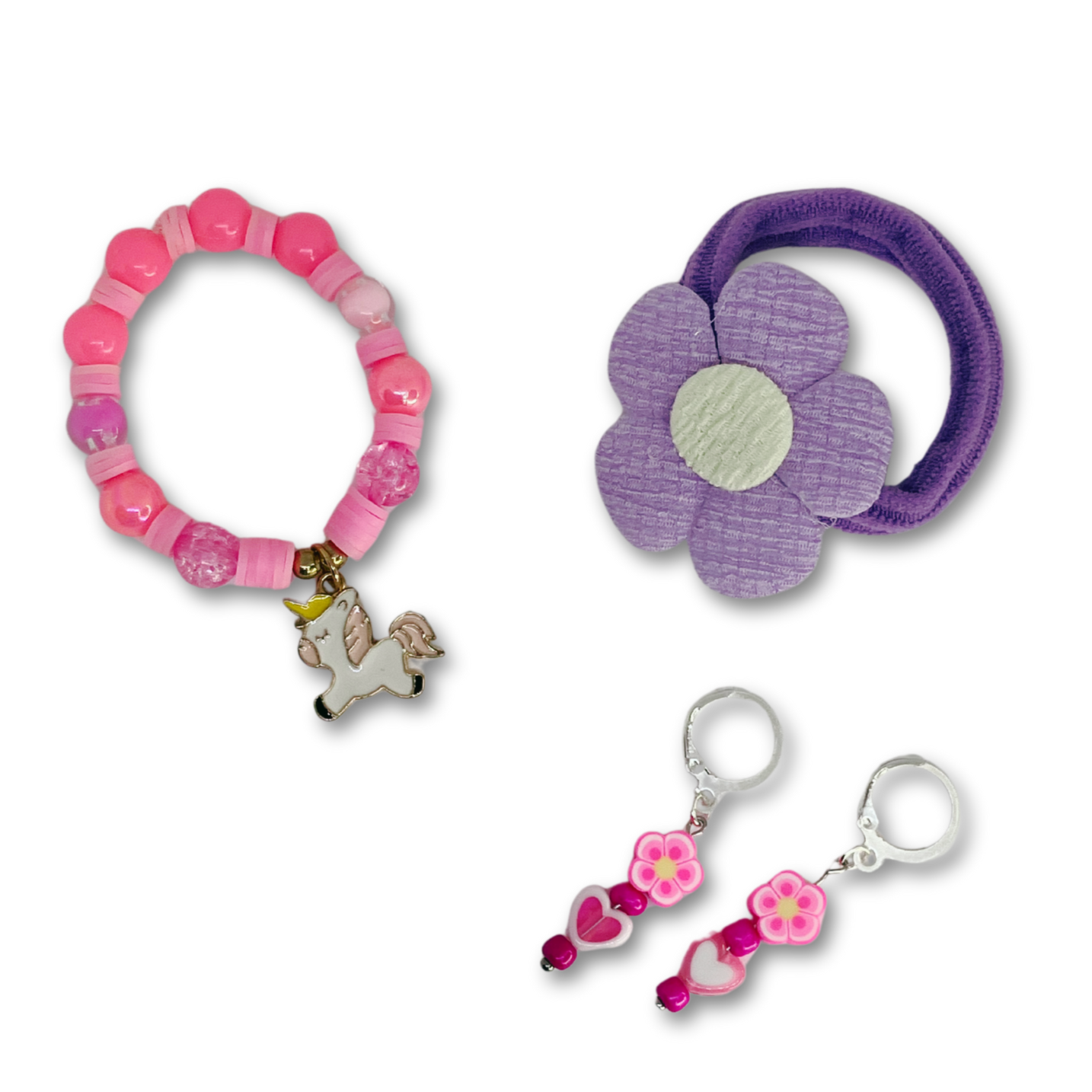 Bead bracelet with charm, flower elastic for hair, pink earrings.