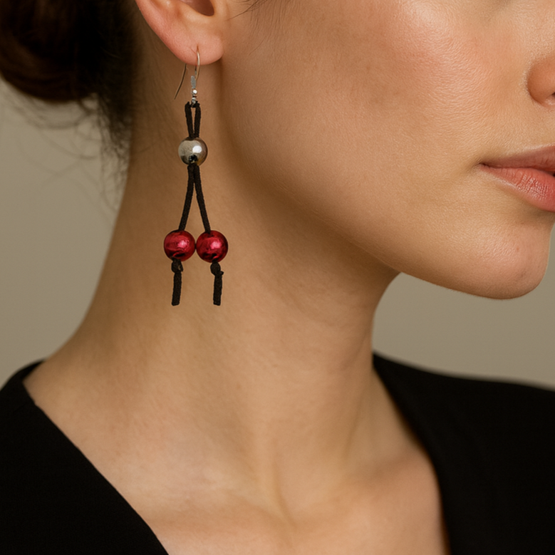 Black suede earrings with silver and red beads.