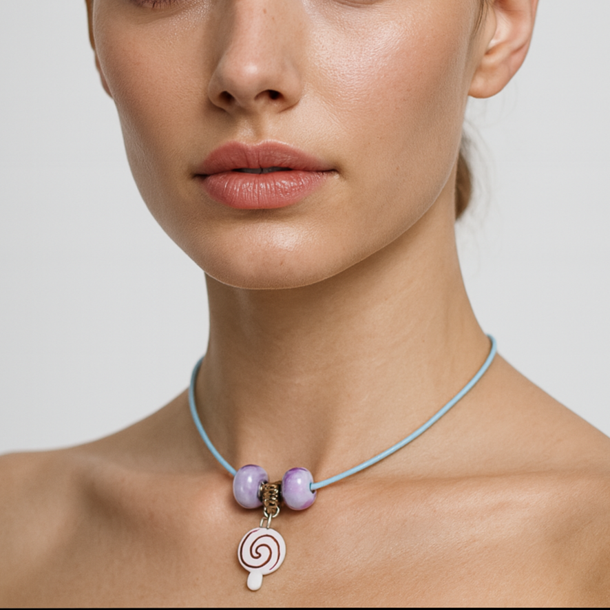 Blue cord necklace with purple beads and candy pendant.