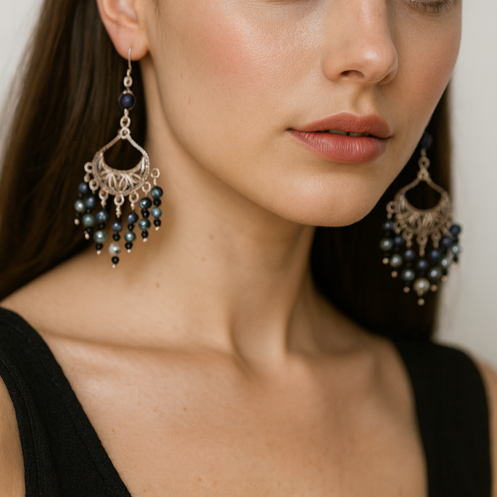 Elegant silver dangling earrings with blue beads.