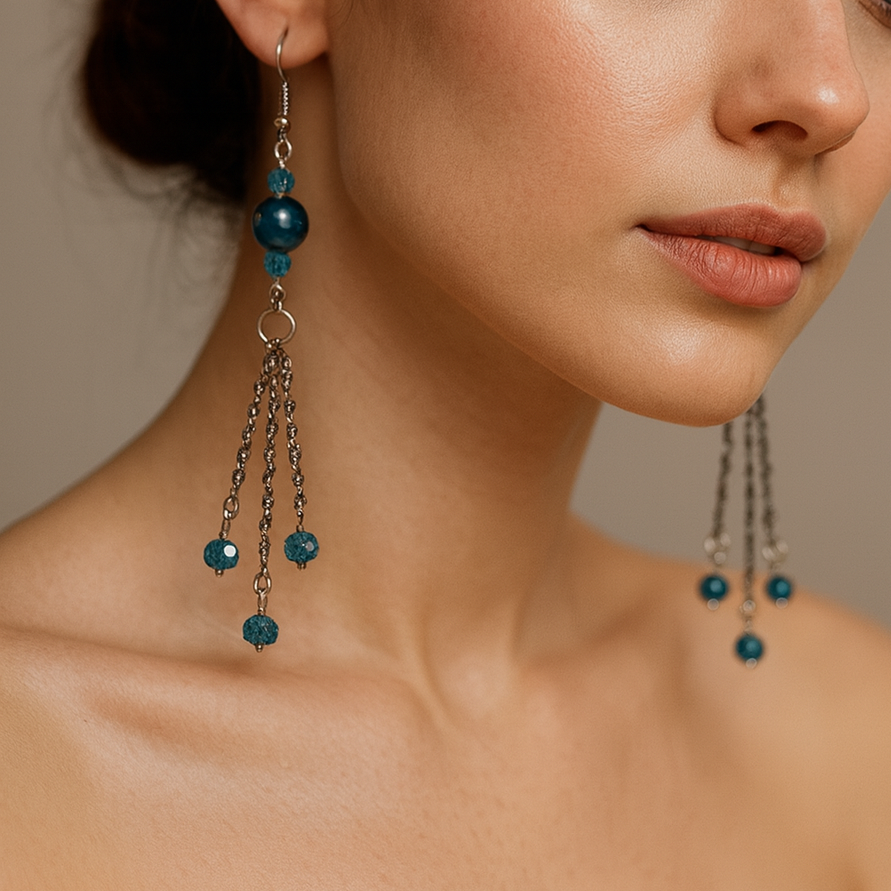 Blue and silver dangling earrings.
