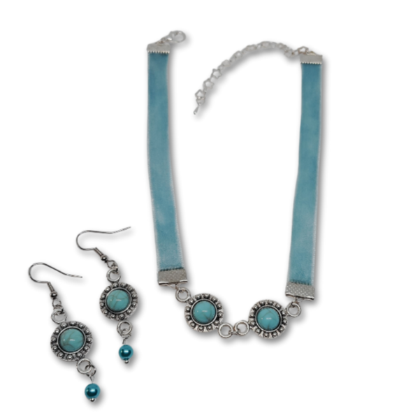 Blue velvet choker with turquoise beads and matching earrings.