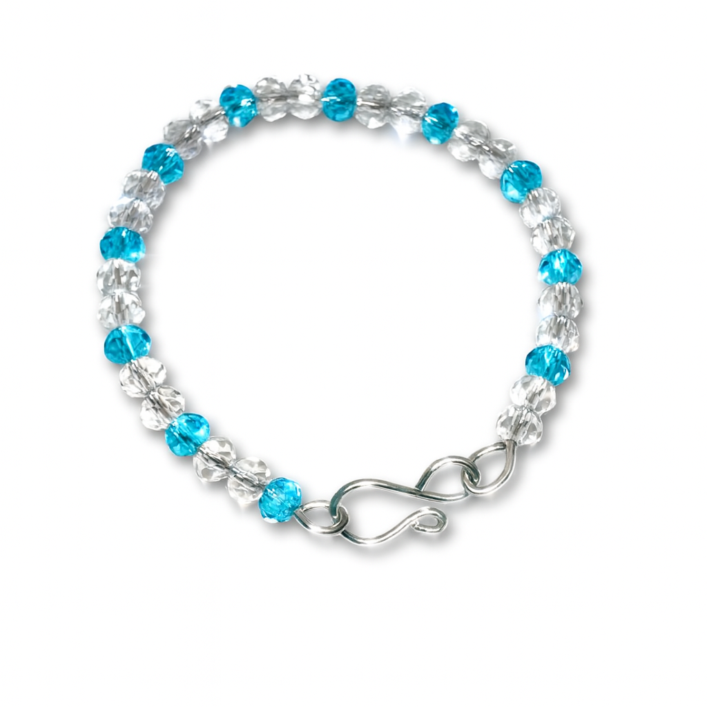 Silver copper bracelet with white and turquoise glass beads