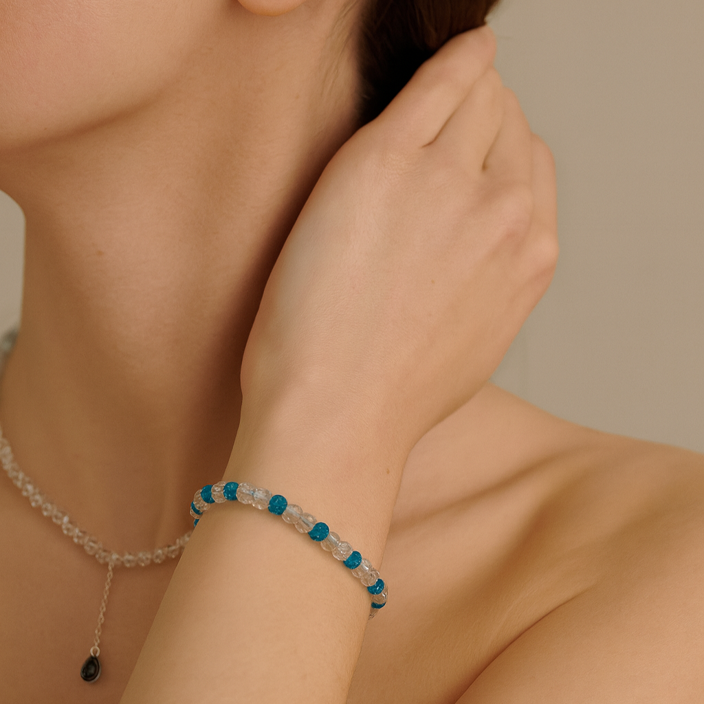 Copper bracelet with white and turquoise glass beads