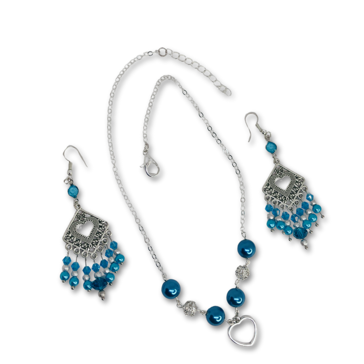 Celeste Dream Gift Set features silver necklace with blue pearls and matching dangling earrings. Gift bag.