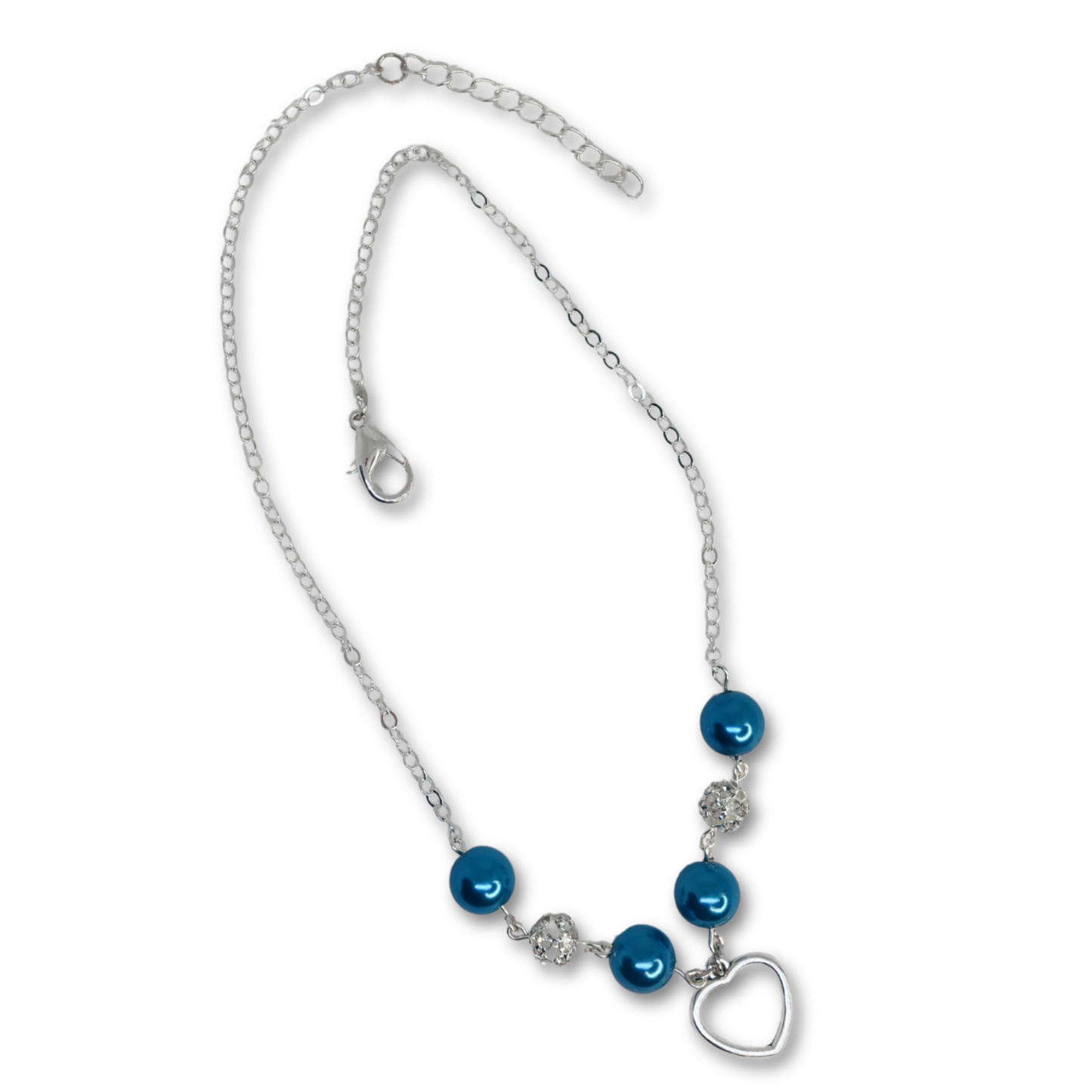Silver necklace with blue pearls.