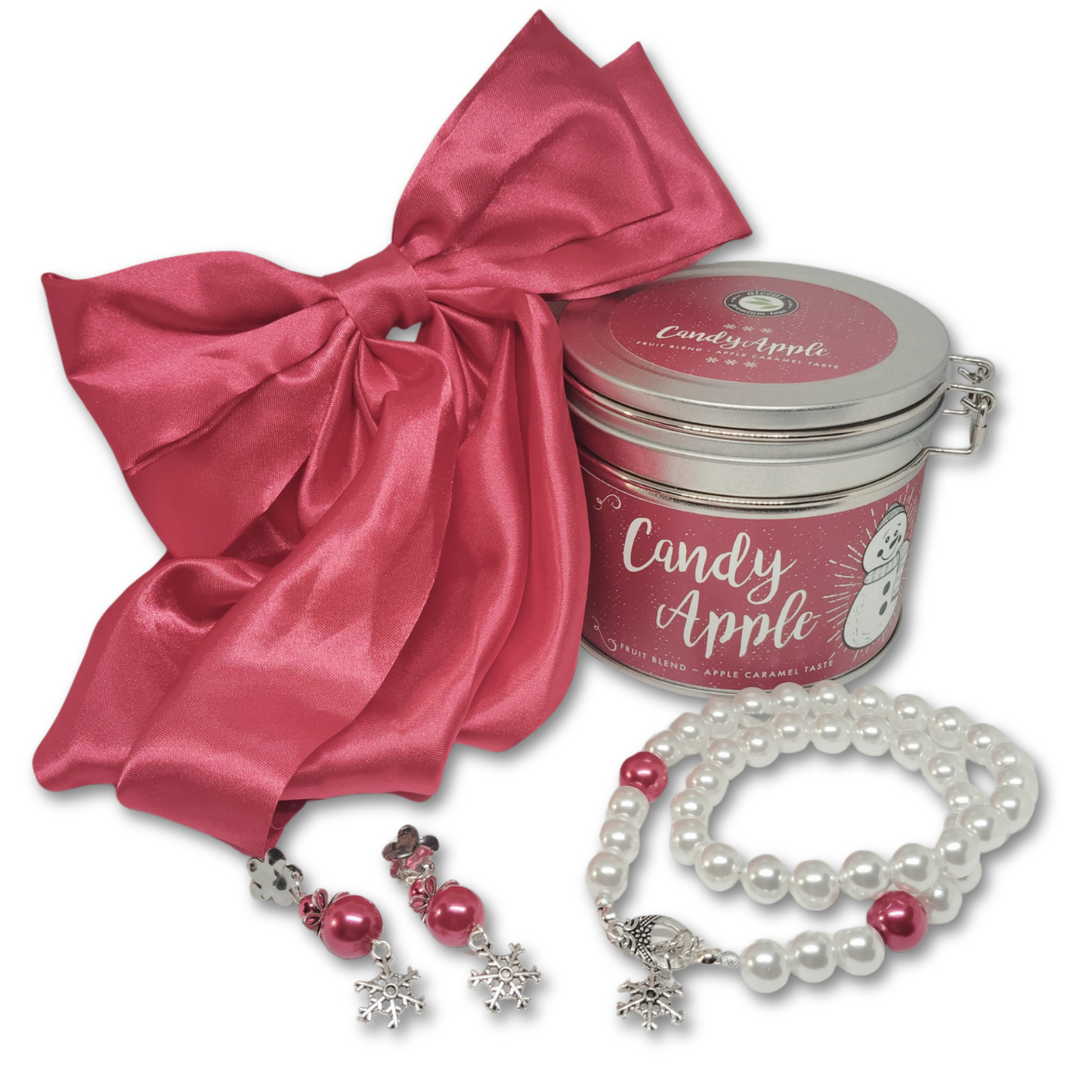 Satin red hair bow, Candy Apple tea, pearl necklace and earrings.