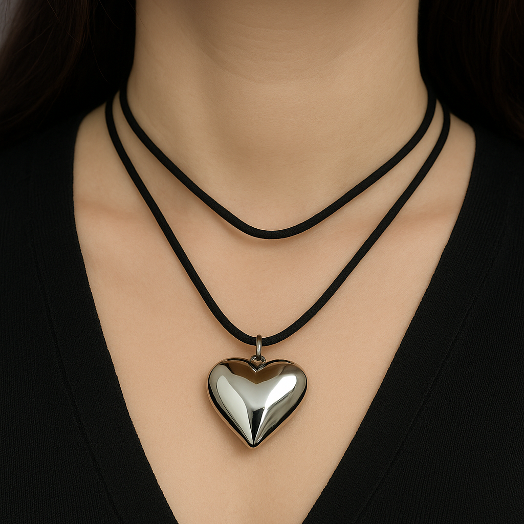 Silver heart-shaped pendant on black suede necklace.
