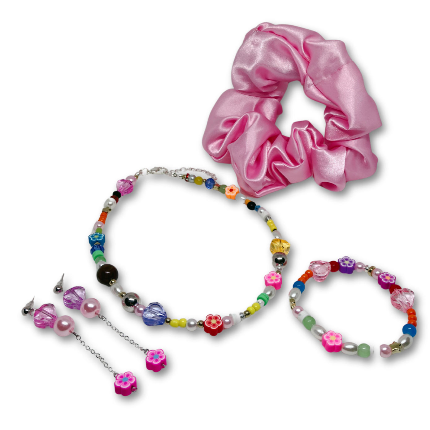This set includes: Satin Pink Hair Scrunchie, Multi color Beaded Necklace, matching Bracelet and Dangling matching Earrings.