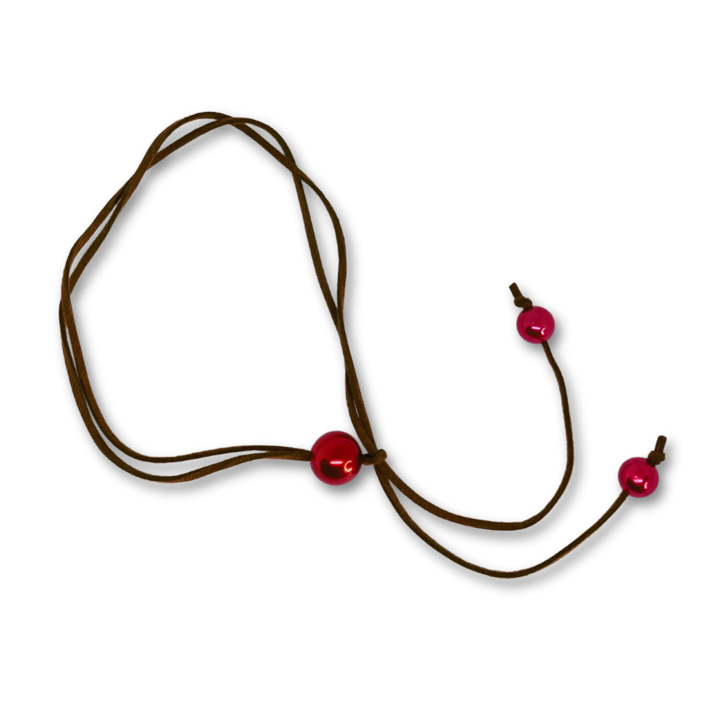 Black suede cord necklace with red beads.
Cordão de camurça preta com missangas vermelhas.