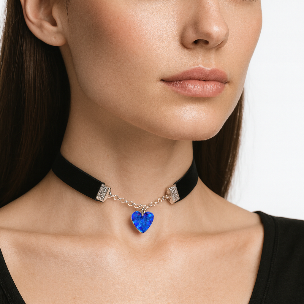 Dark blue velvet choker with heart pendant.