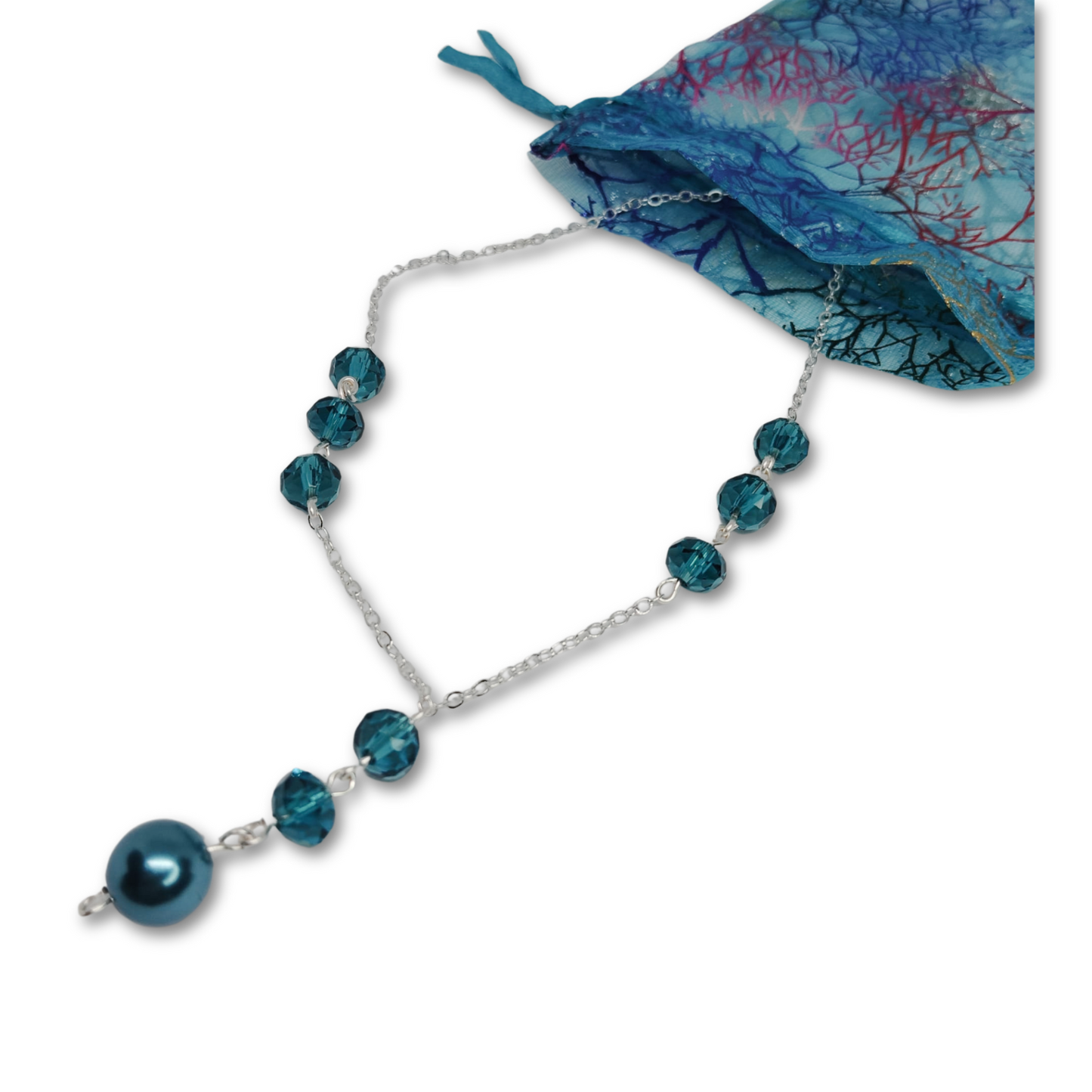 Silver necklace with imitation blue pearls.
