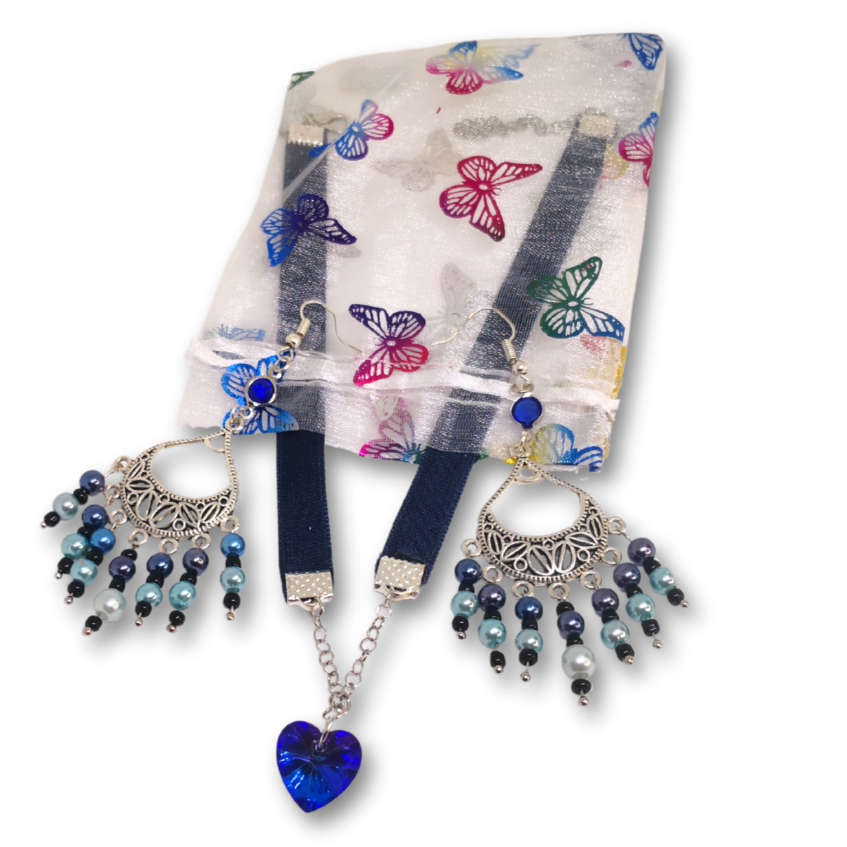 The Everyday Onyx gift set for women featuring Deep Blue Heart Pendant Choker with Silver beaded earrings inside a cute organza gift bag