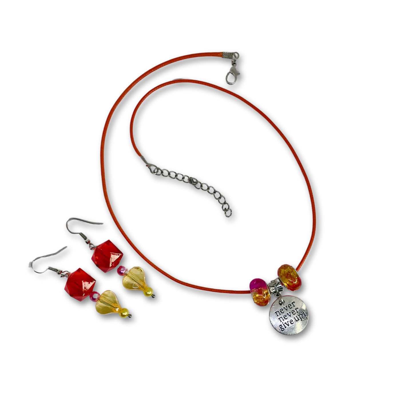 Orange Cord necklace with matching earrings.