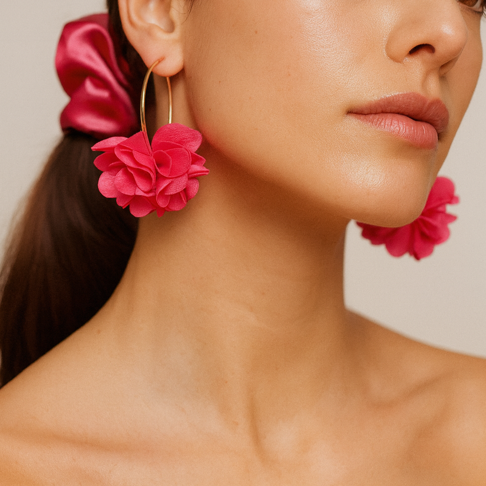 Pink floral earrings and satin scrunchie