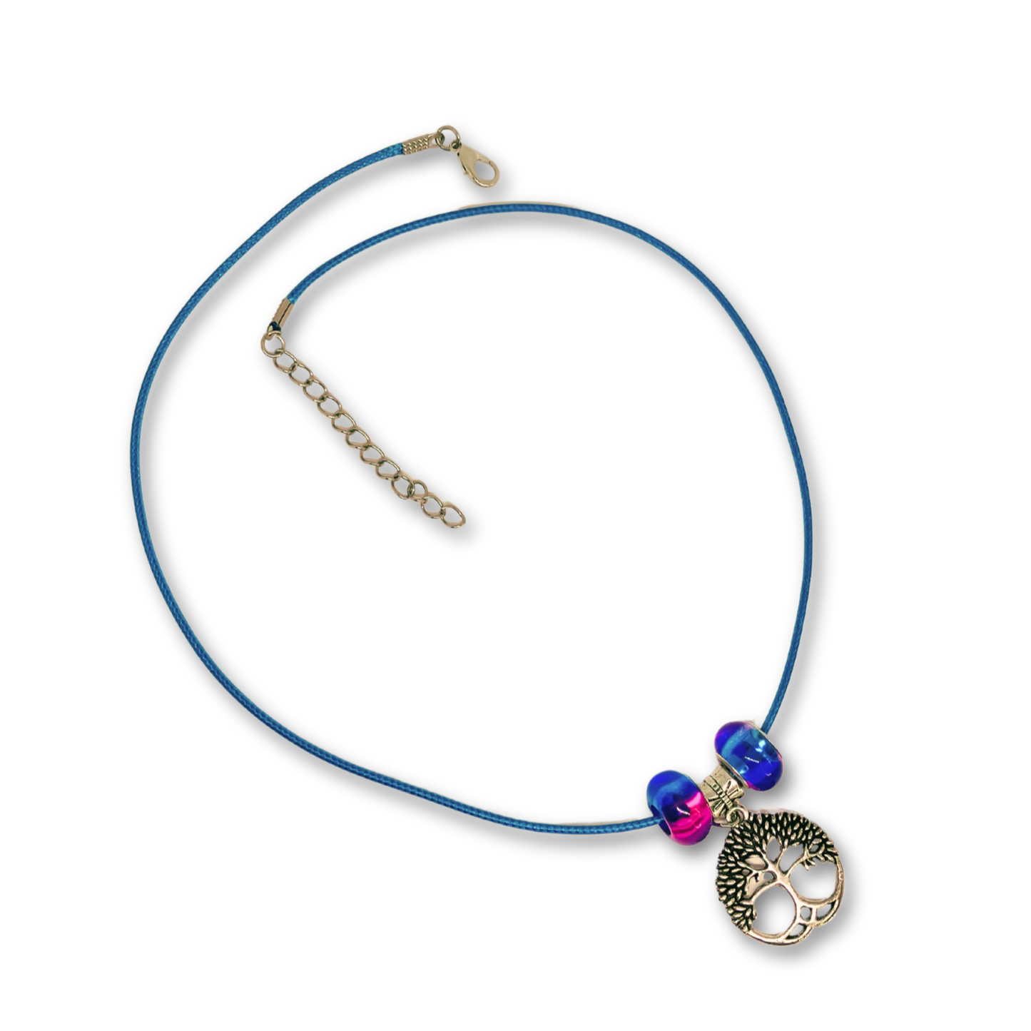 Blue cord necklace with tree of life pendant.
