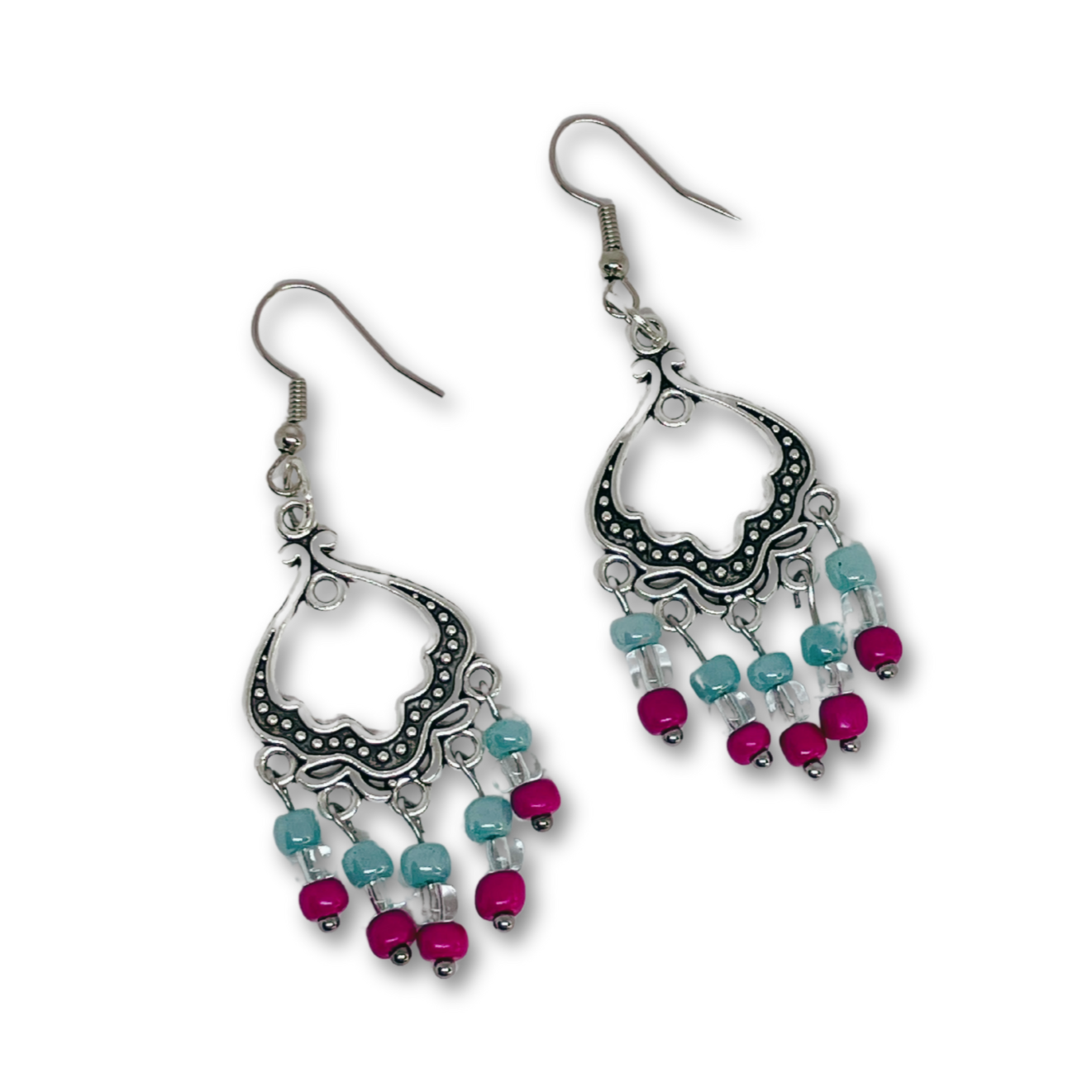 Bold boho-style dangle earrings with hot pink and aqua beads.