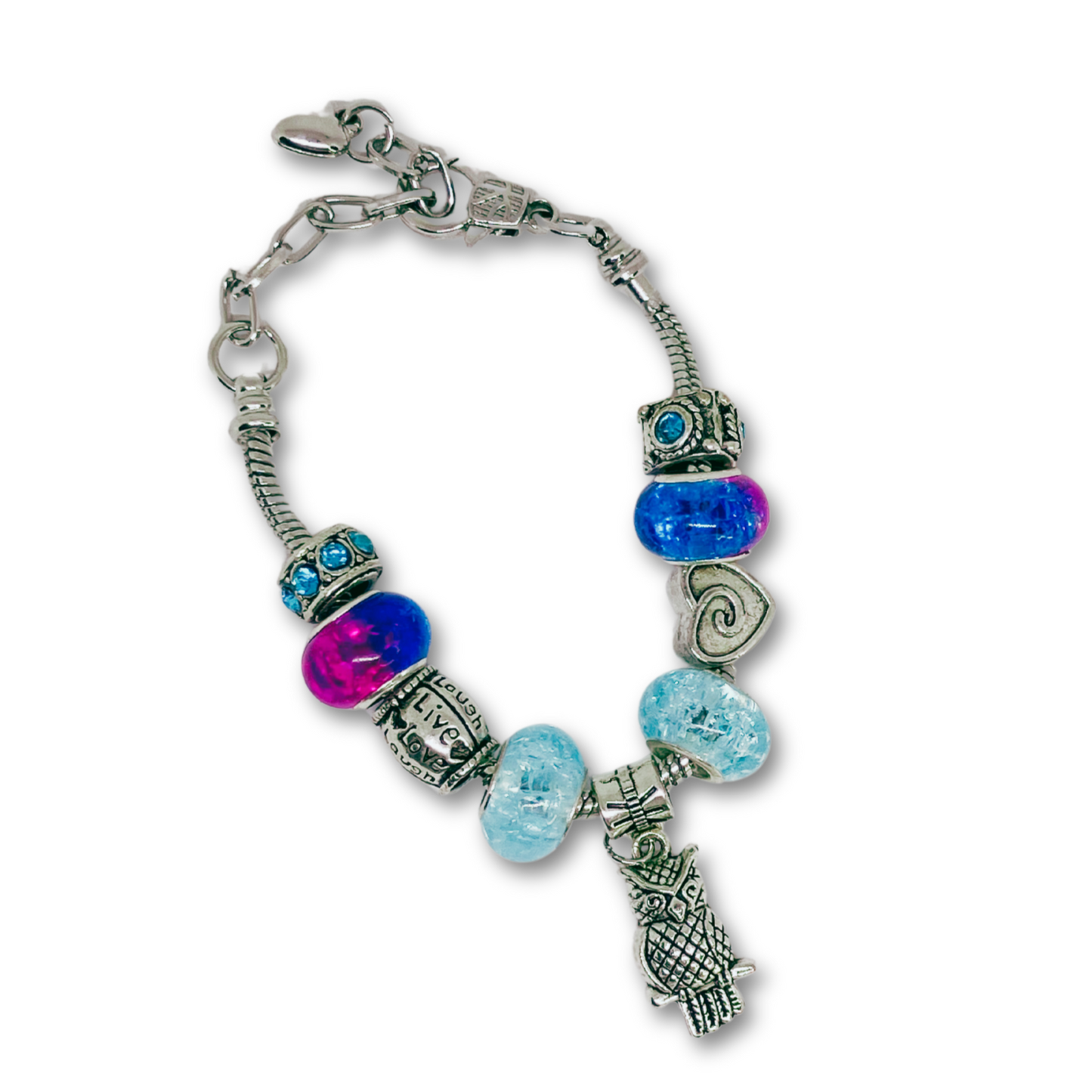 Blue and silver charm bracelet with gorgeous glass beads.