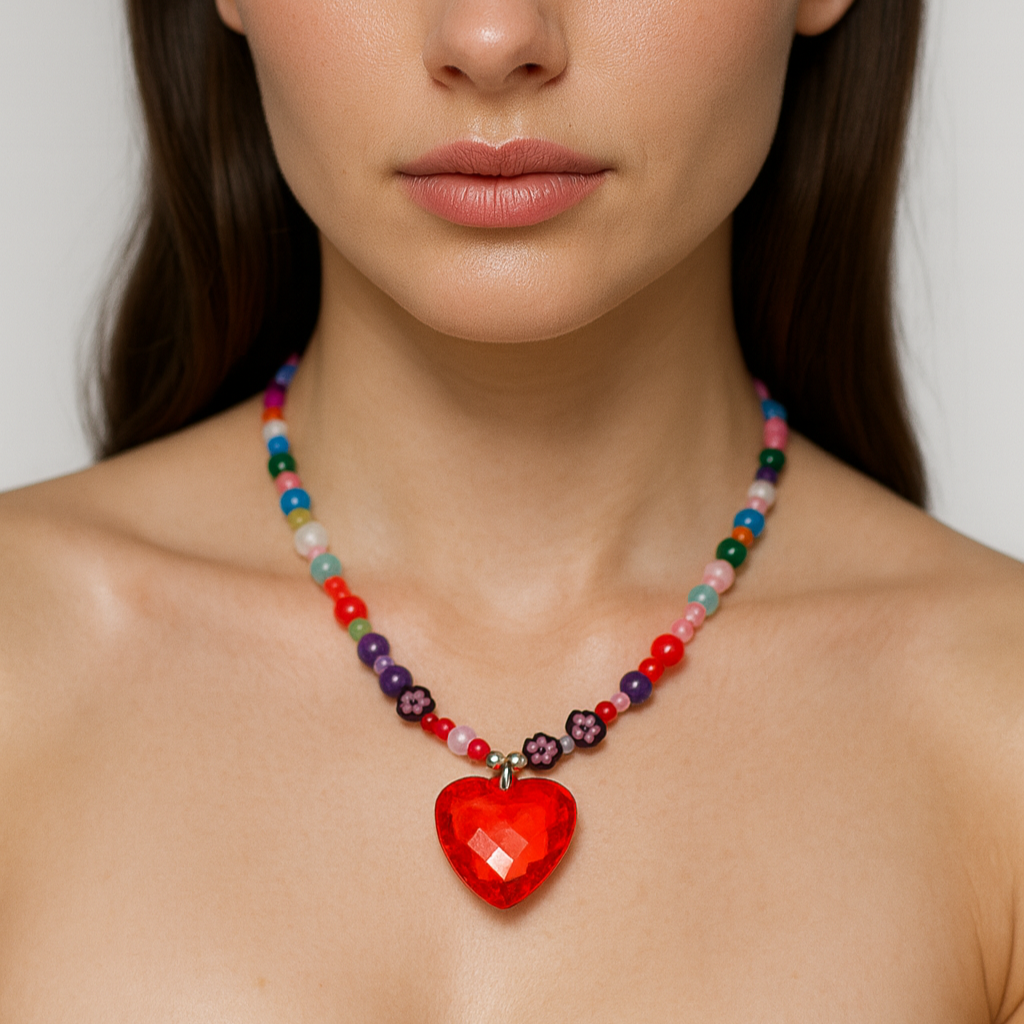 colorful beaded necklace with a red heart pendant