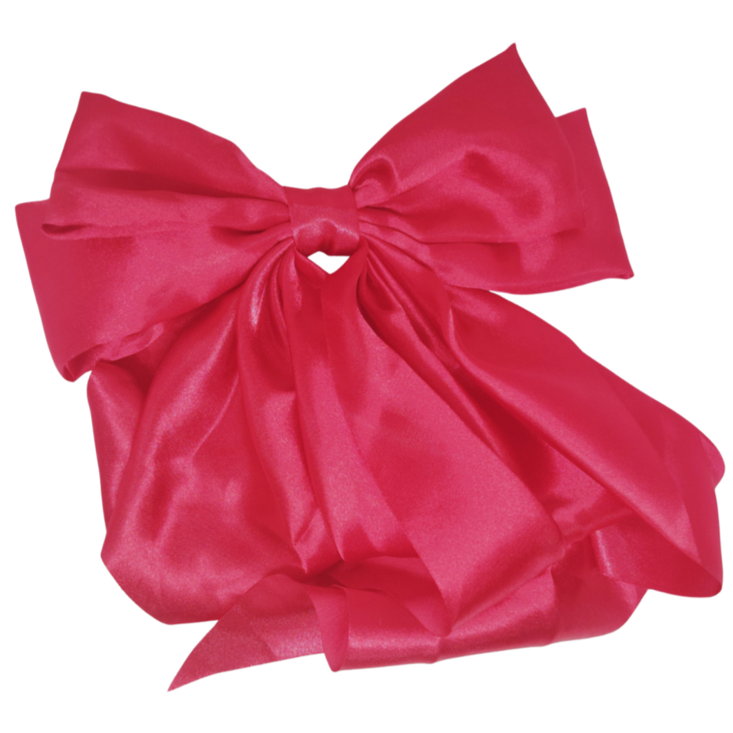 Long red satin hair bow.