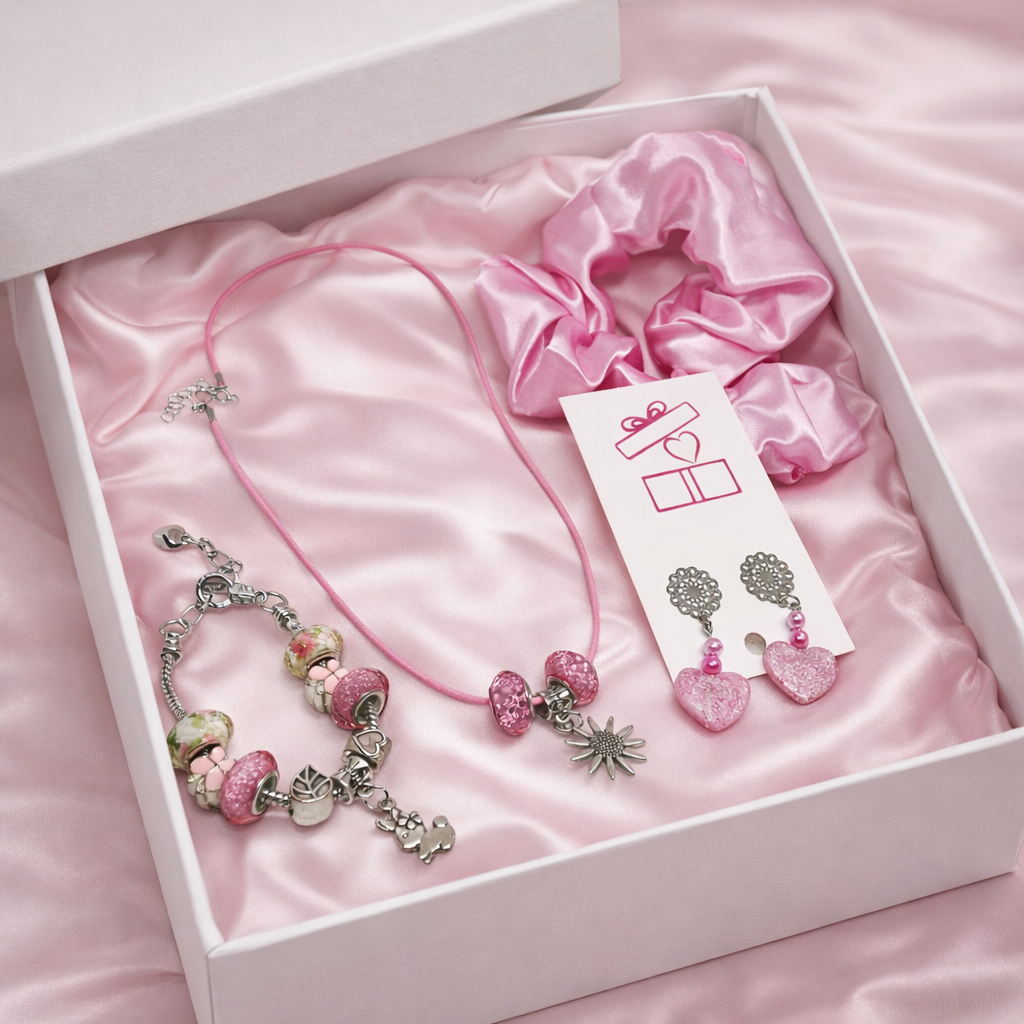 Jewelry set including a bracelet, earrings, and a scrunchie in a white box.