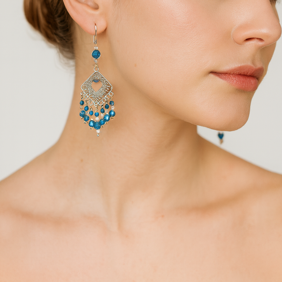Blue dangling beaded earrings.