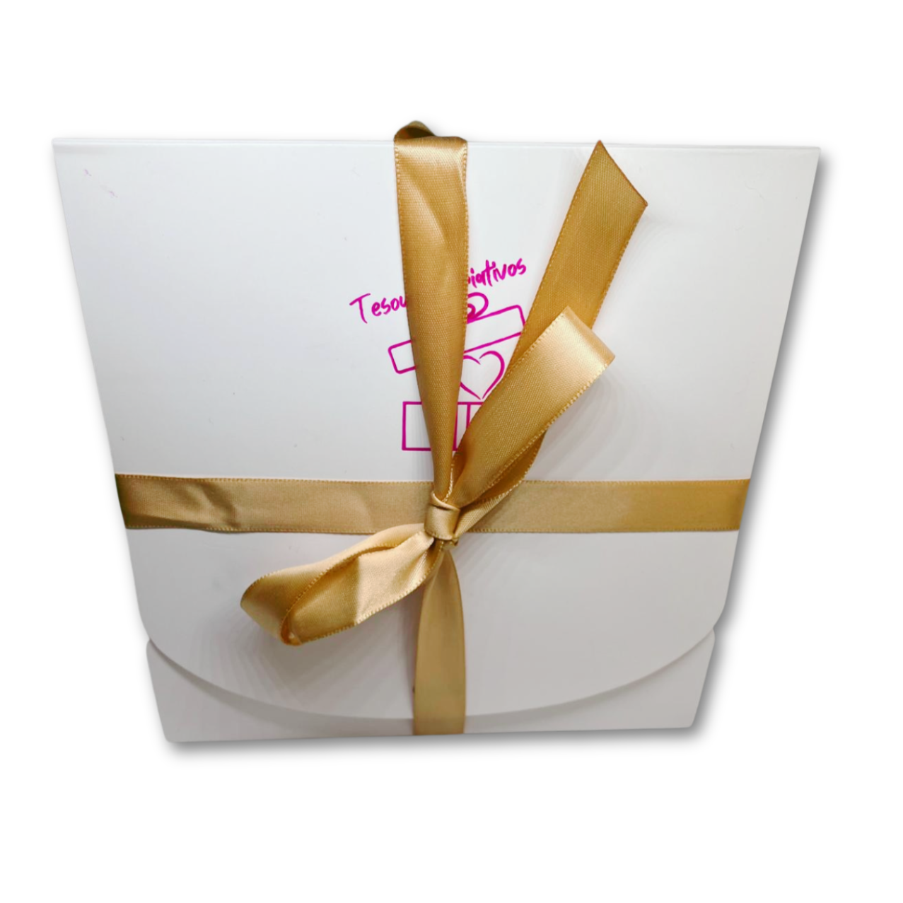 White gift box with a gold ribbon