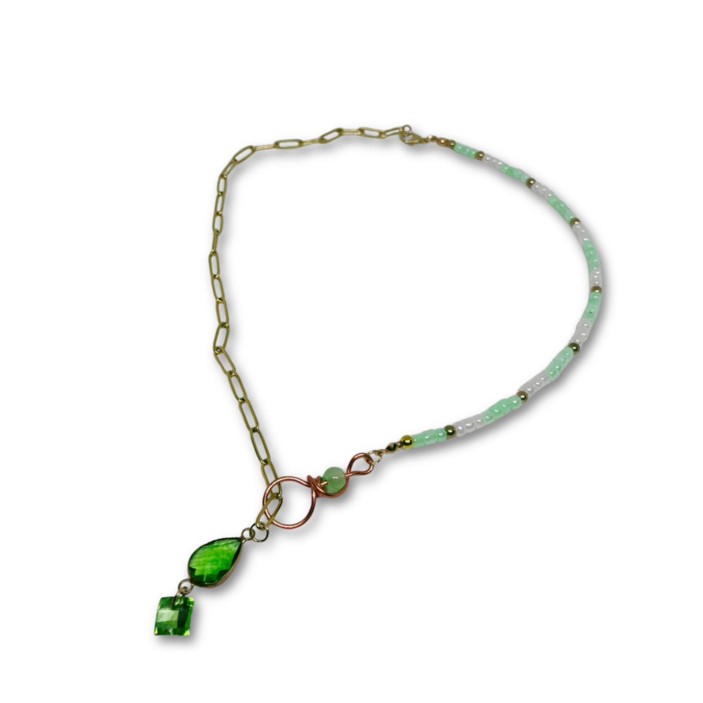 Necklace with green beads and gold chain.
