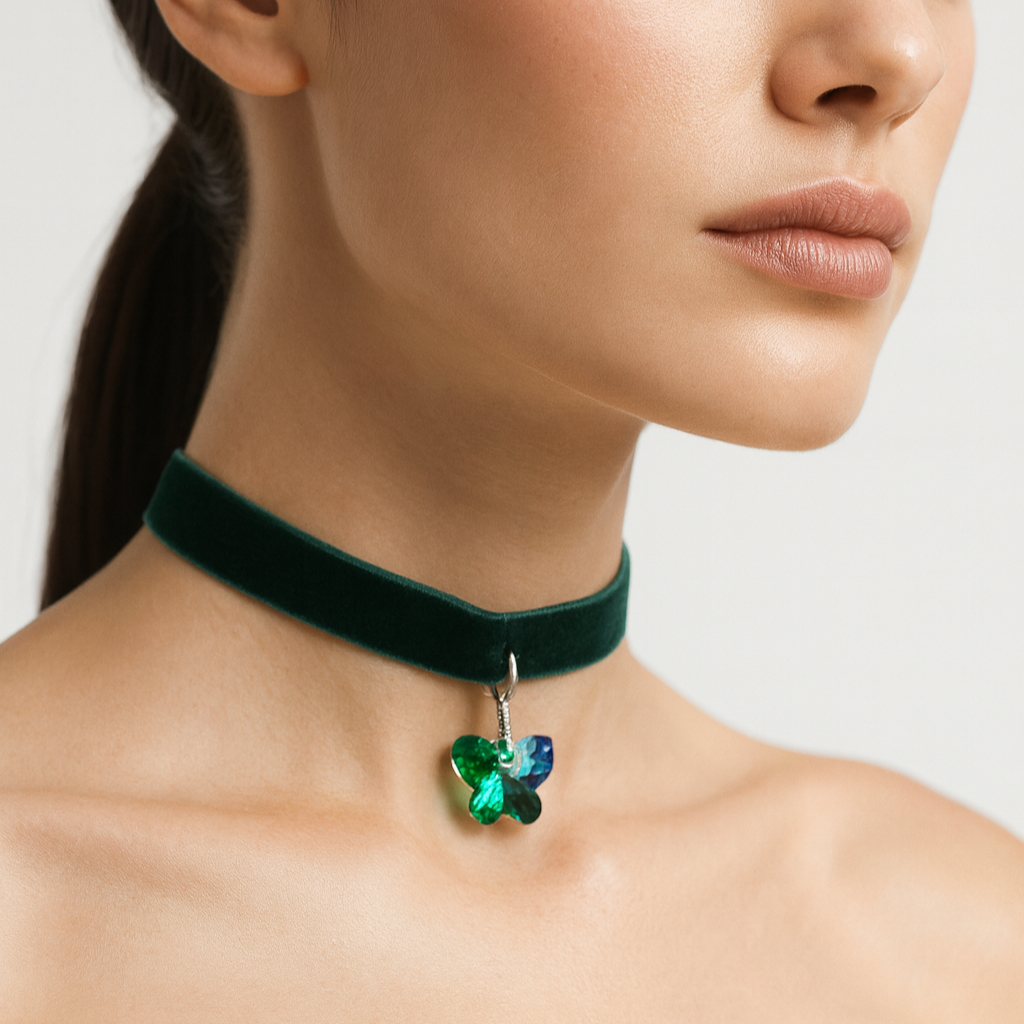 Green velvet choker with a butterfly pendant.