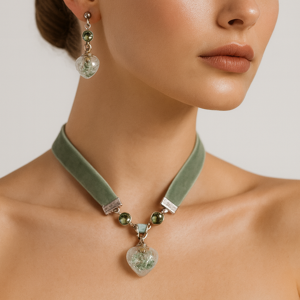 Green velvet choker with heart pendant and dangling green heart earrings.
