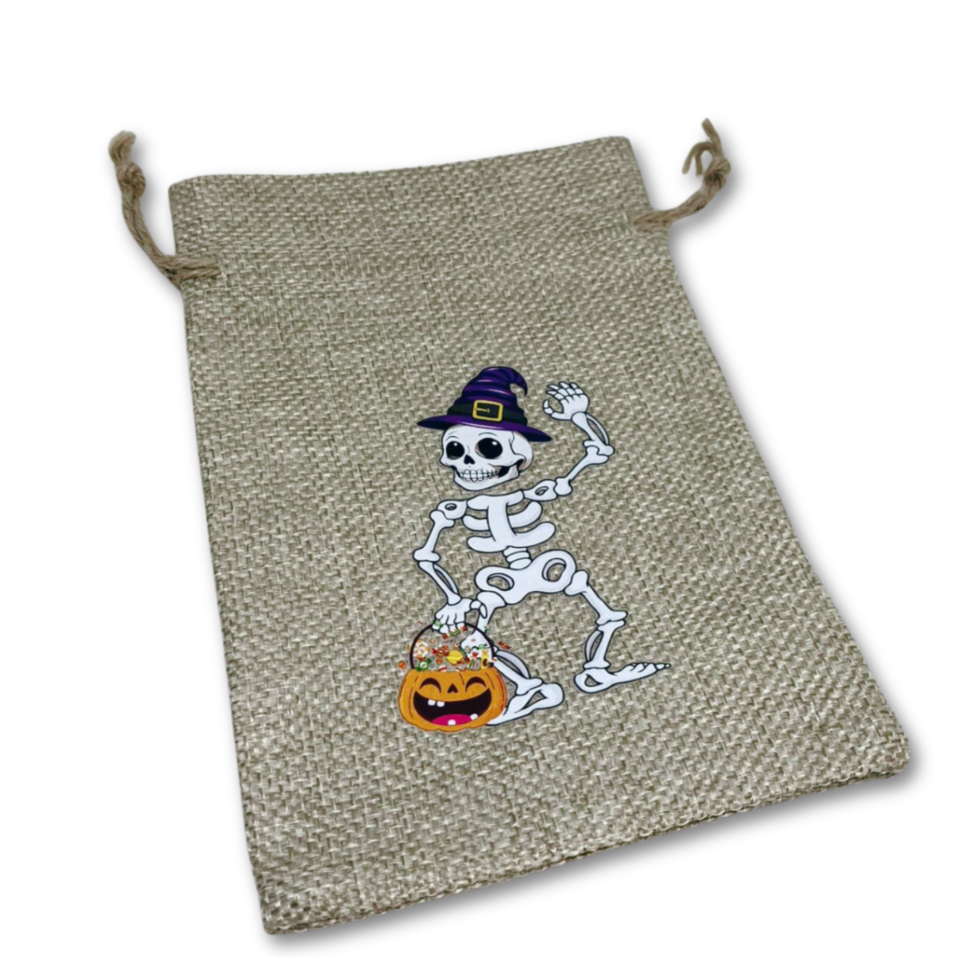 Halloween-themed drawstring bag with a skeleton and pumpkin design.