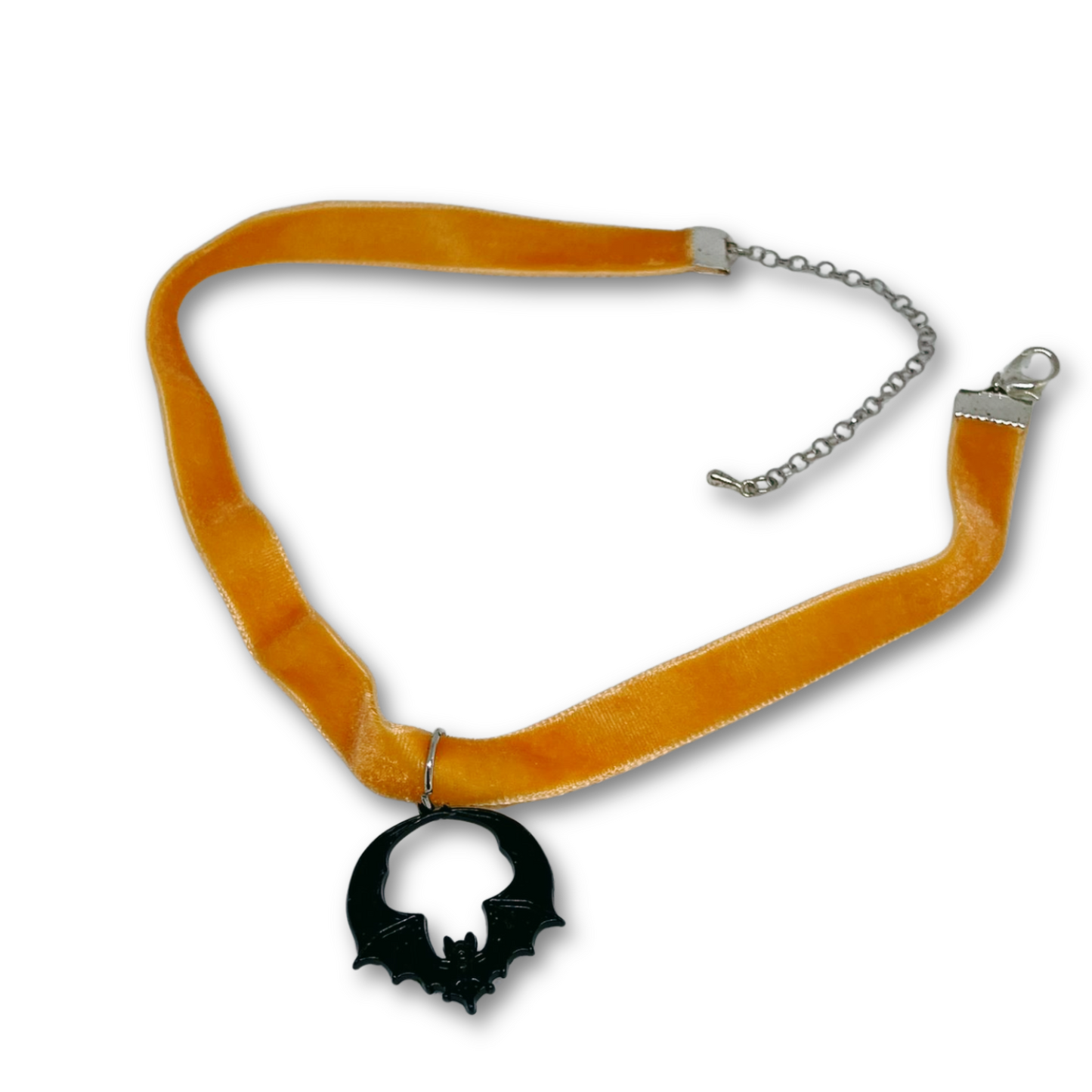 Orange choker necklace with a black bat pendant.