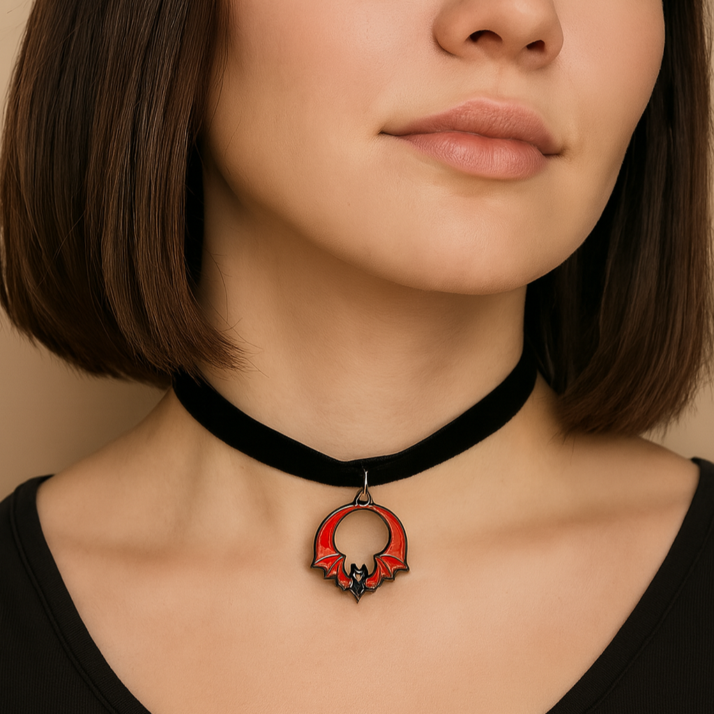 Halloween themed black velvet choker necklace with a red and black bat.