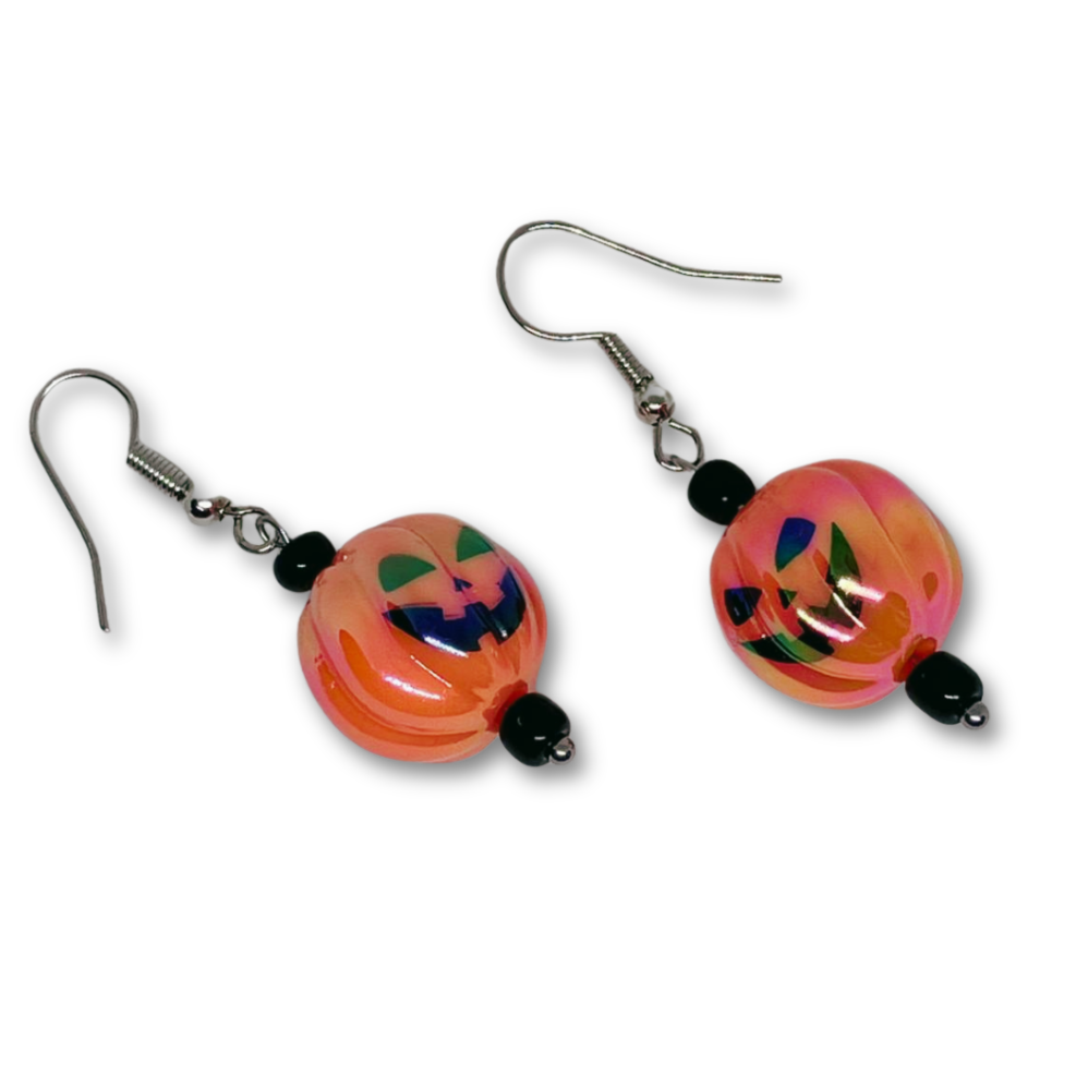 Pumpkin-shaped earrings with black beads.