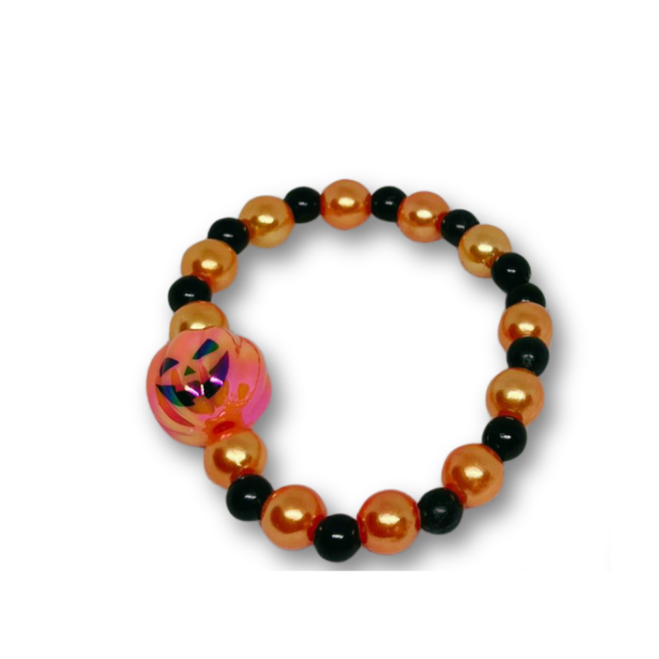 Halloween-themed beaded bracelet with orange, black beads and pumpkin.