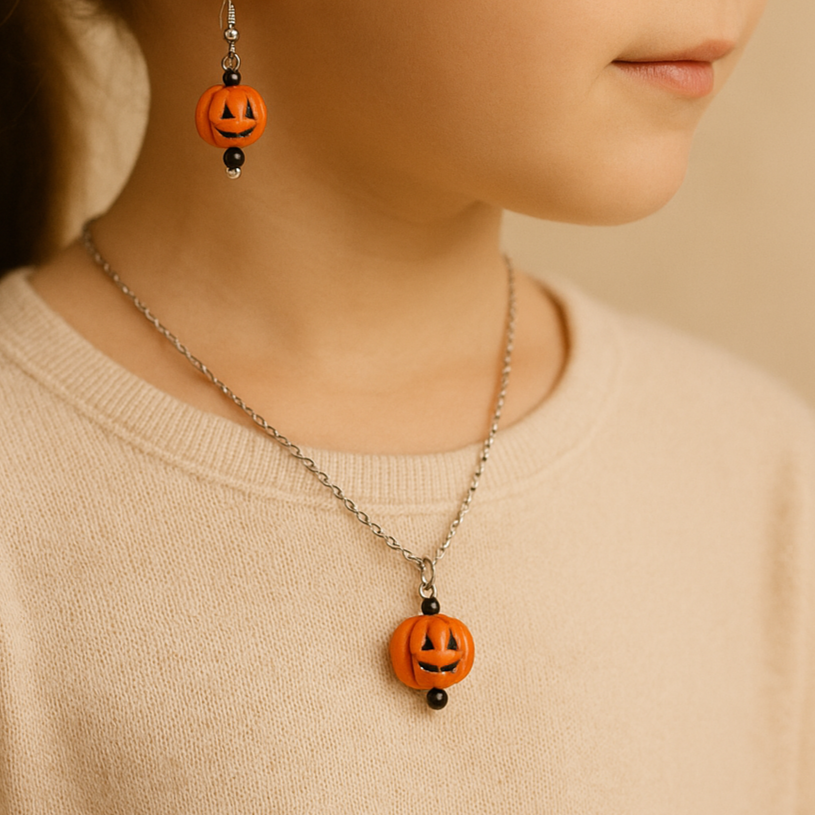 Halloween themed necklace with pumpkin-shaped pendant.