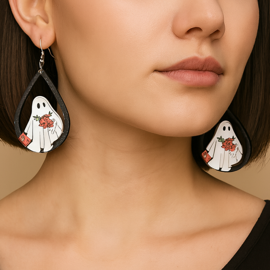 Halloween themed black earrings with ghost.