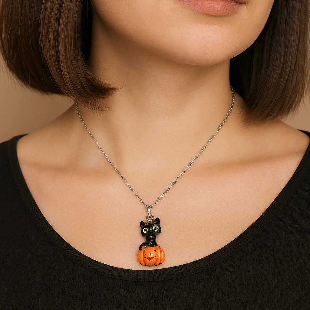 Halloween-themed necklace with a black cat in a pumpkin design.