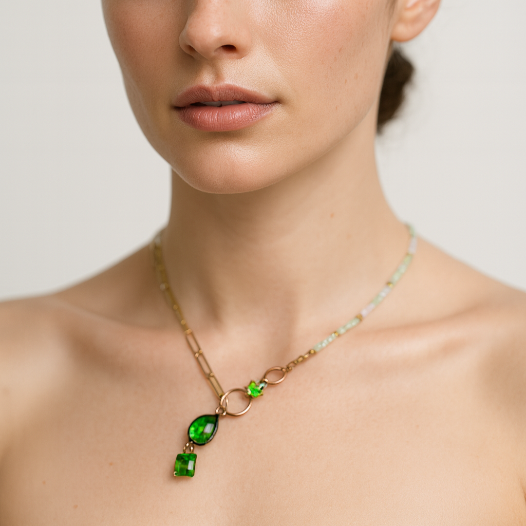 Necklace with beads and gold chain with green pendant worn.