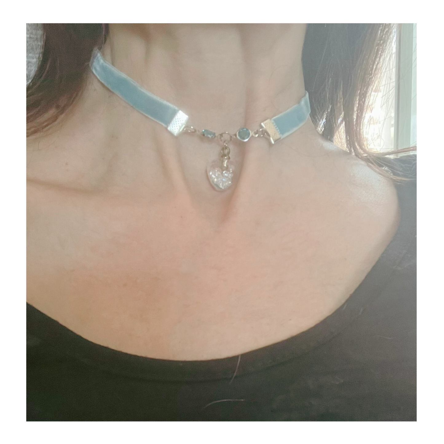 Light blue velvet choker with blue beads and heart pendant.