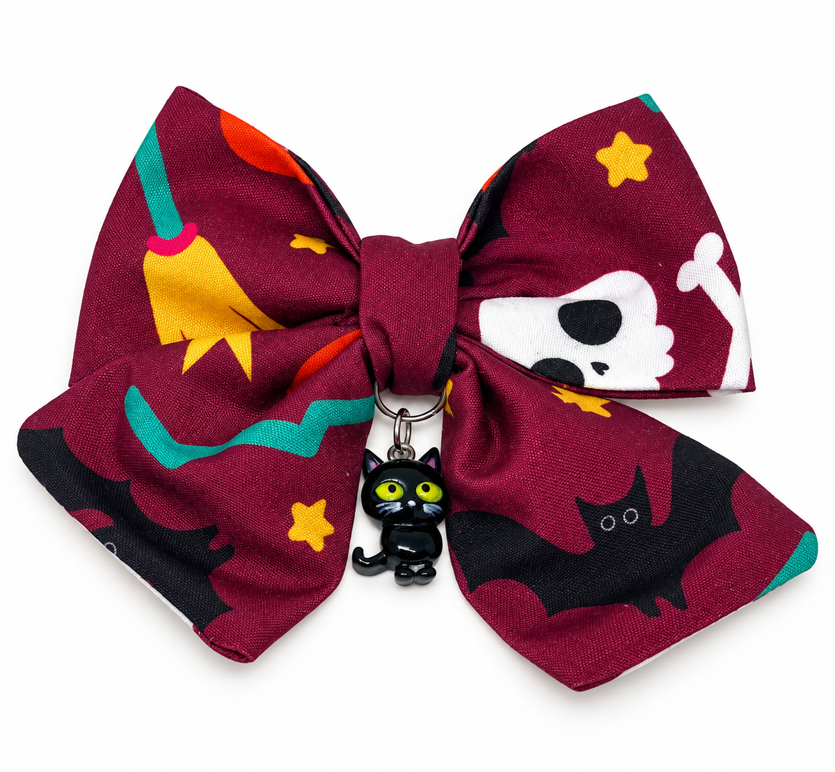 Maroon Halloween themed hair bow with black cat pendant