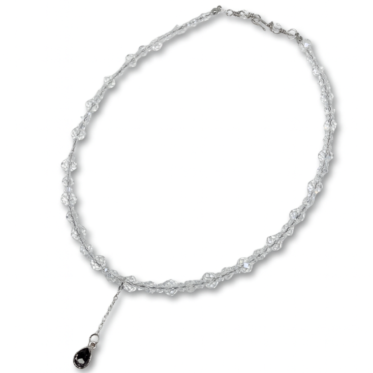 White glass beads necklace with teadrop pendant