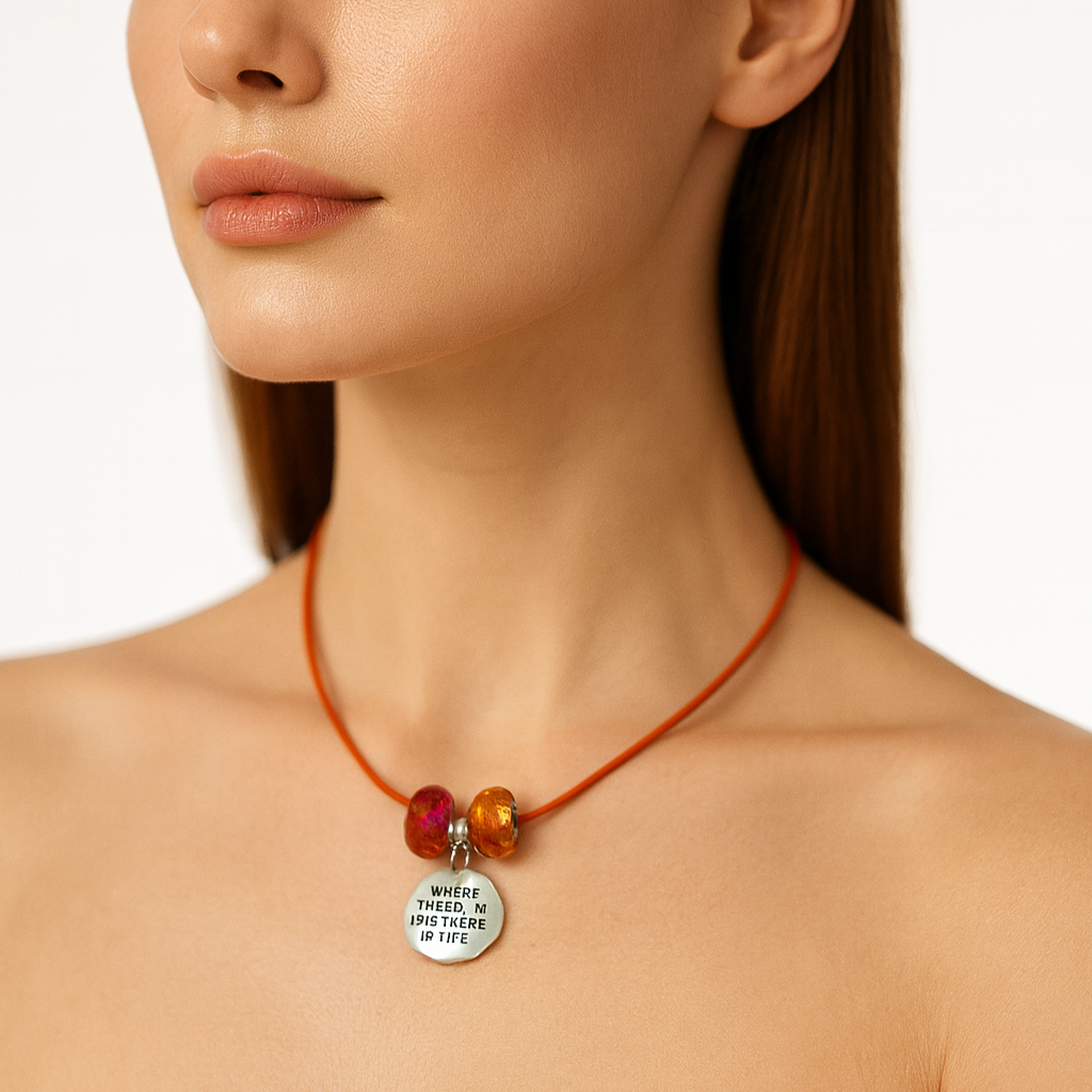 Orange cord necklace with glass beads and pendant.