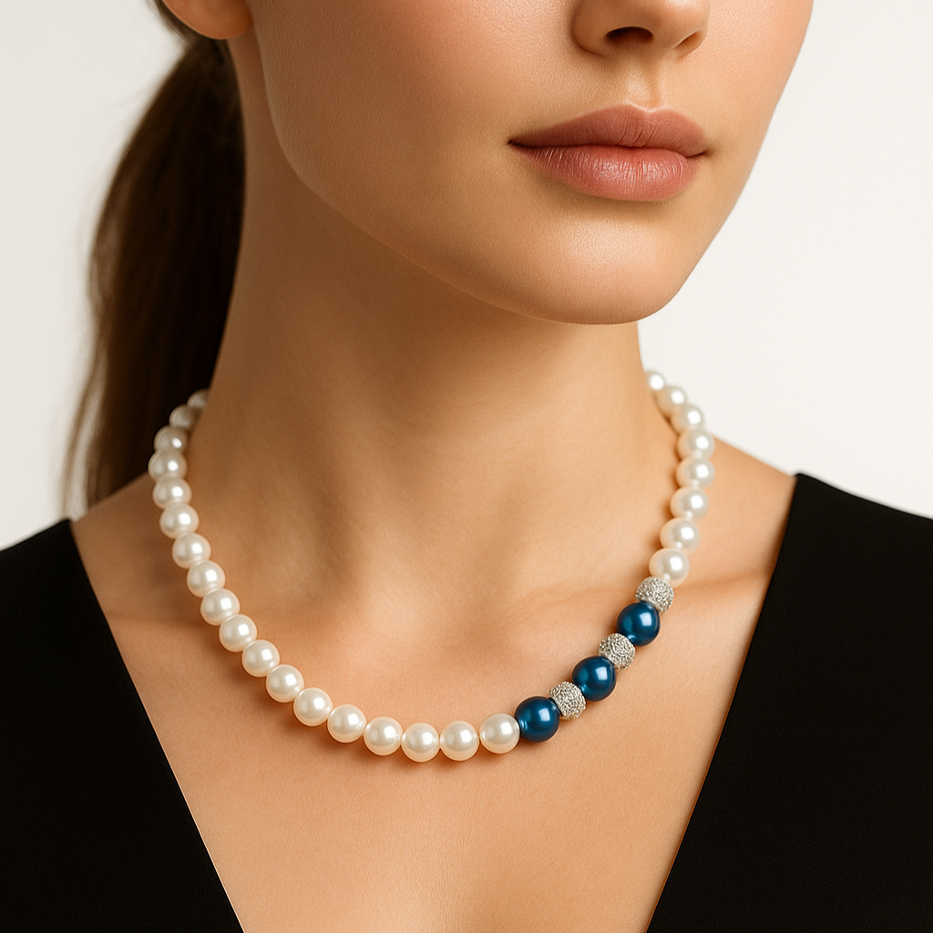 White imitation pearls and blue.