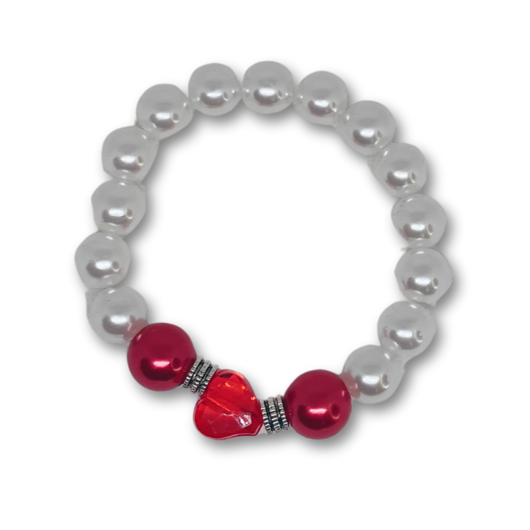 White pearls bracelet with red pearls and red heart.