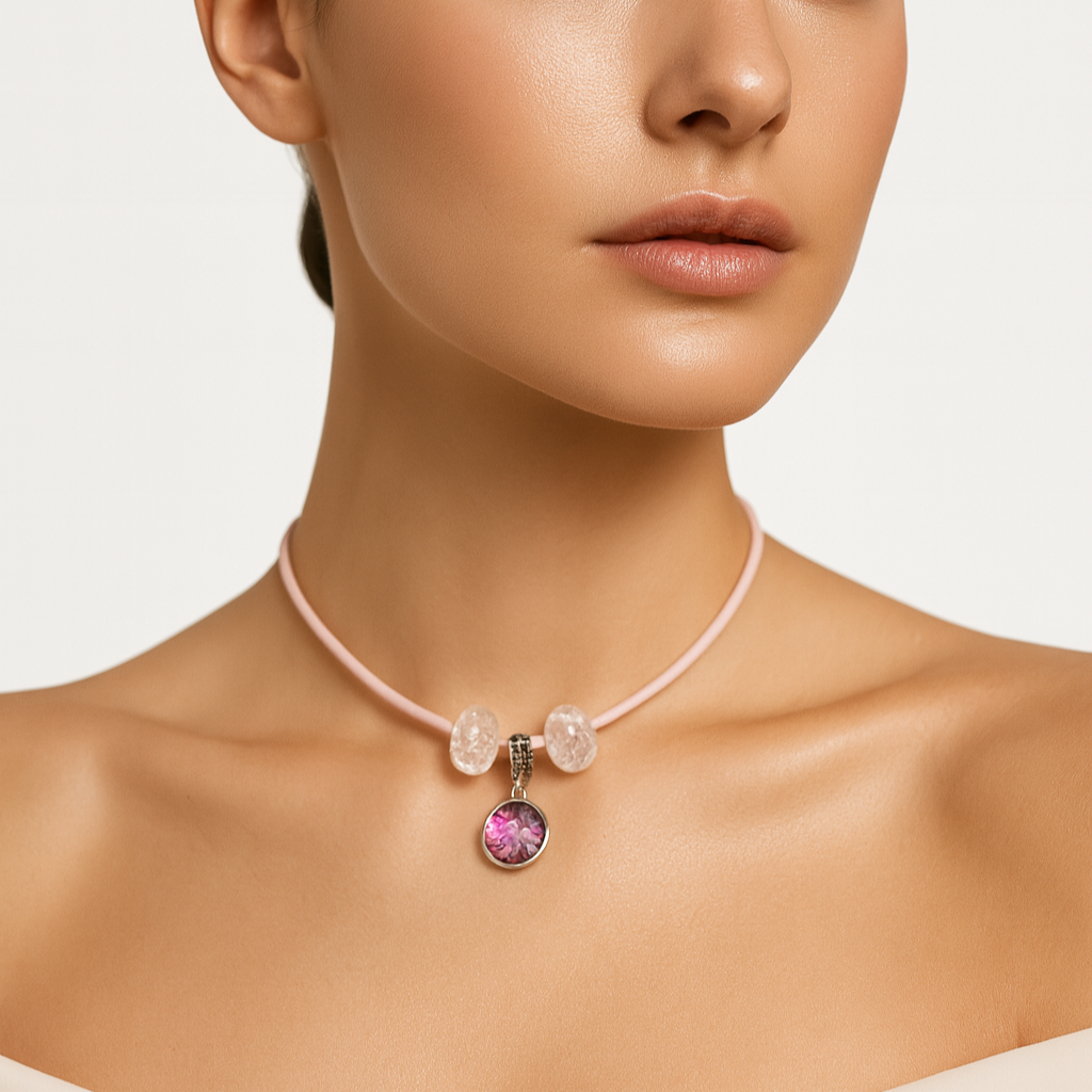 Pink cord necklace with pink glass beads.