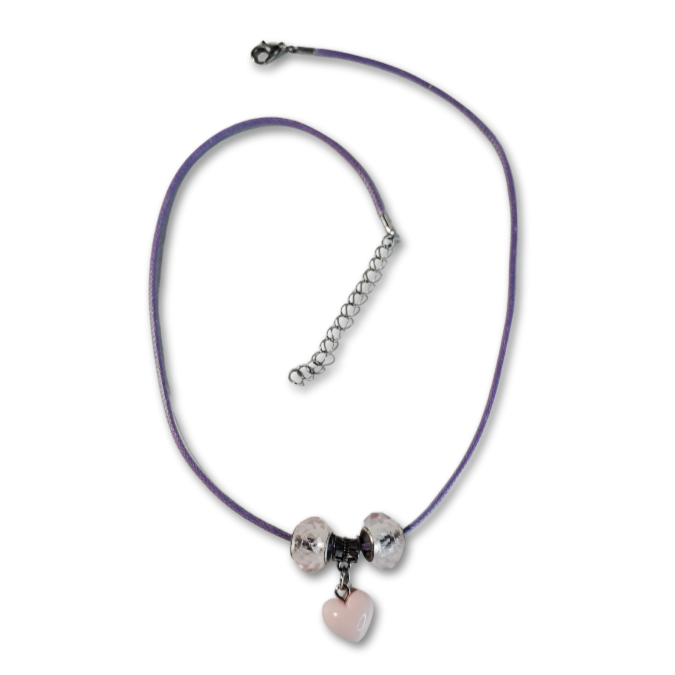 Purple cord necklace with pink heart and pink beads.
