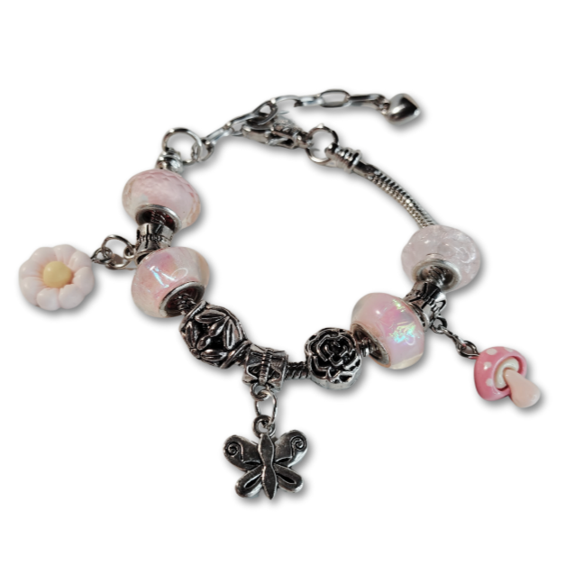 Pink charm bracelet.