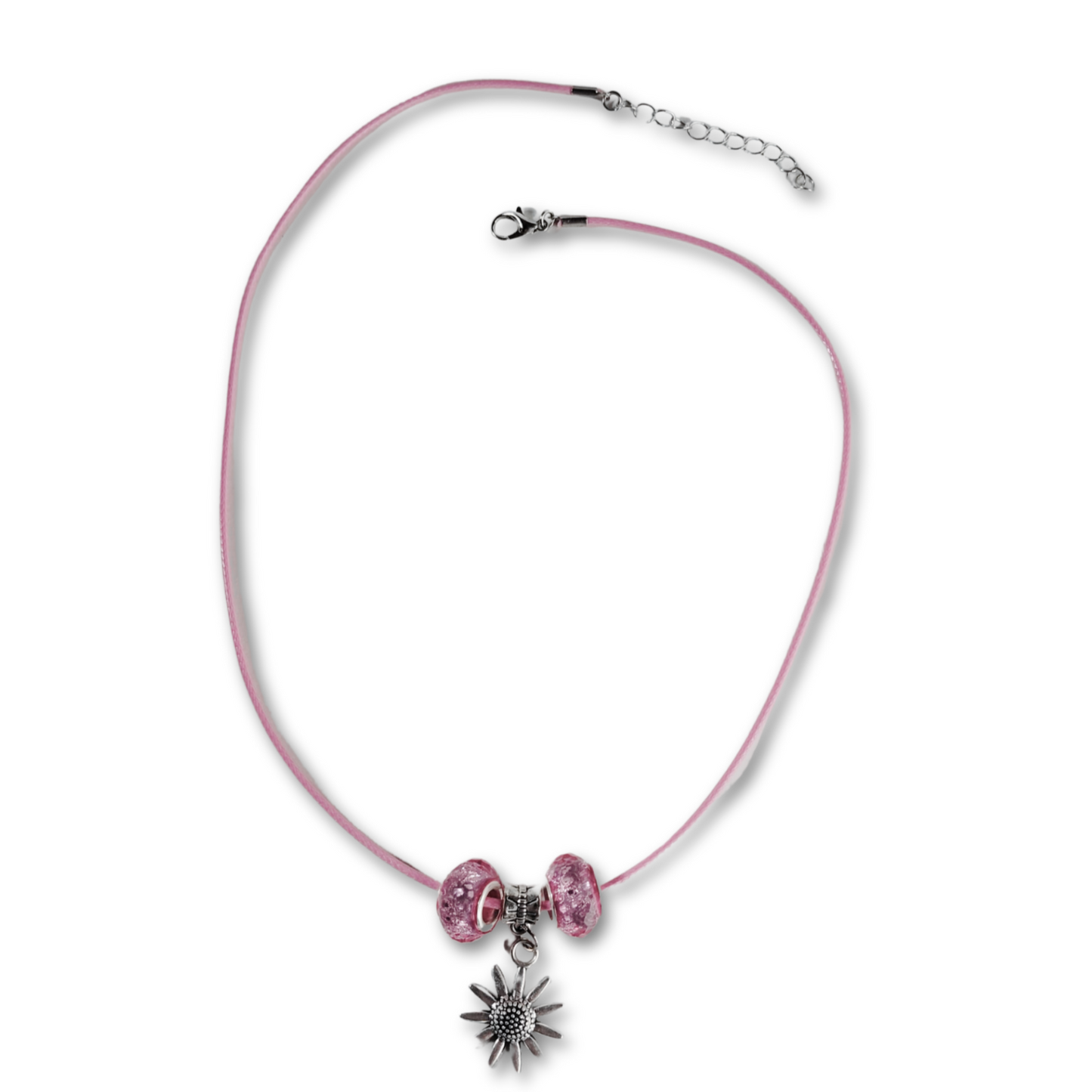 Pink rope necklace with silver star pendant and pink glass beads